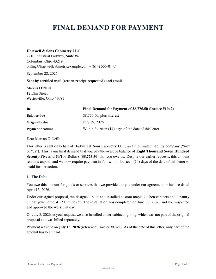 First page of a sample Demand Letter for Payment