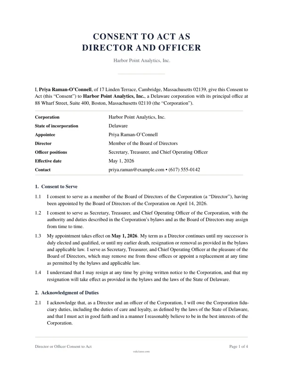 First page of a sample Director or Officer Consent to Act