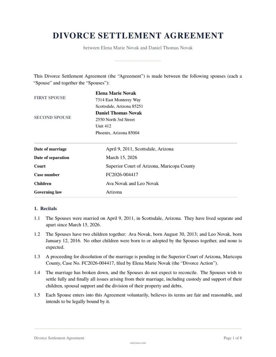 First page of a sample Divorce Settlement Agreement