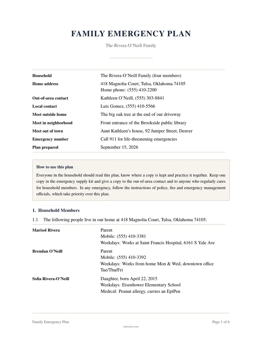First page of a sample Family Emergency Plan