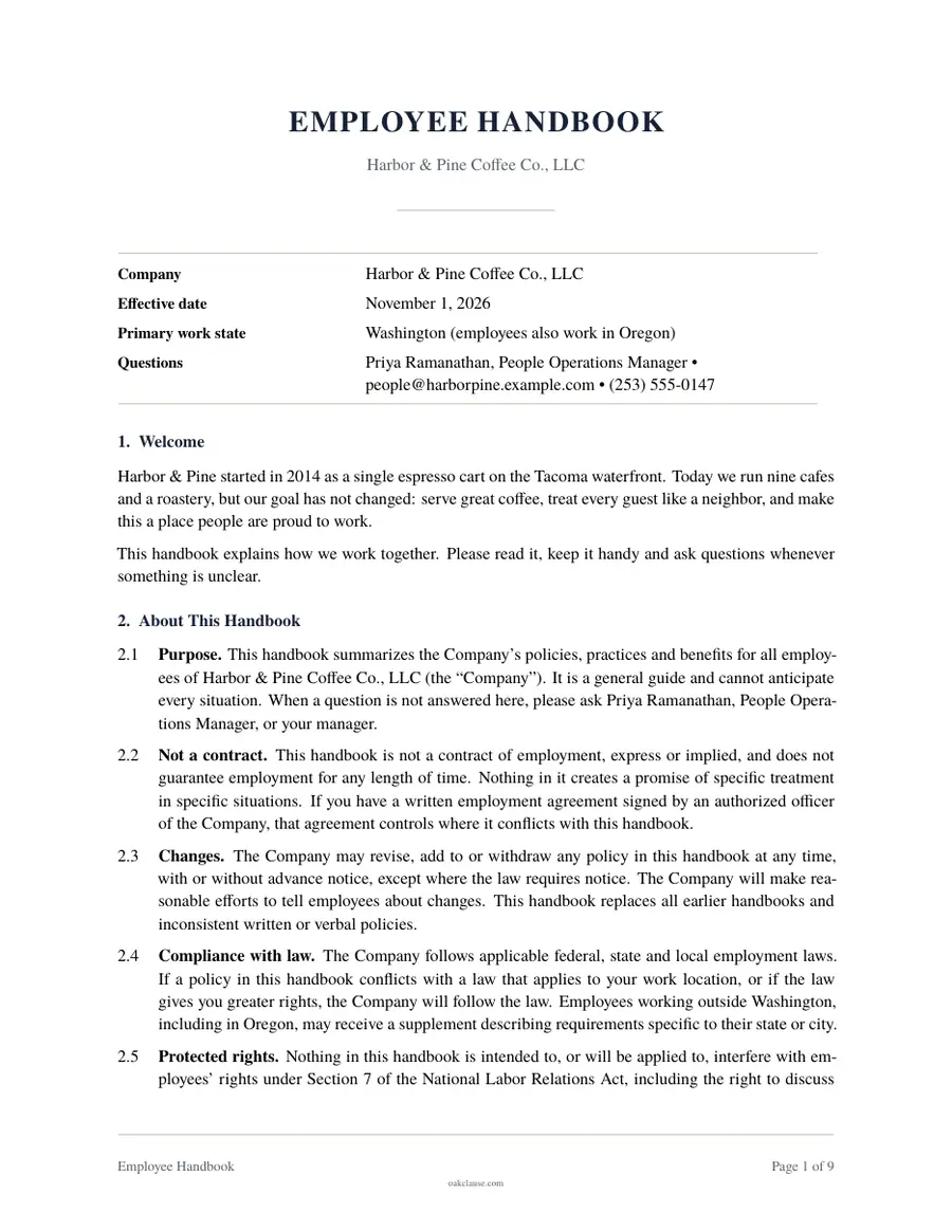First page of a sample Employee Handbook