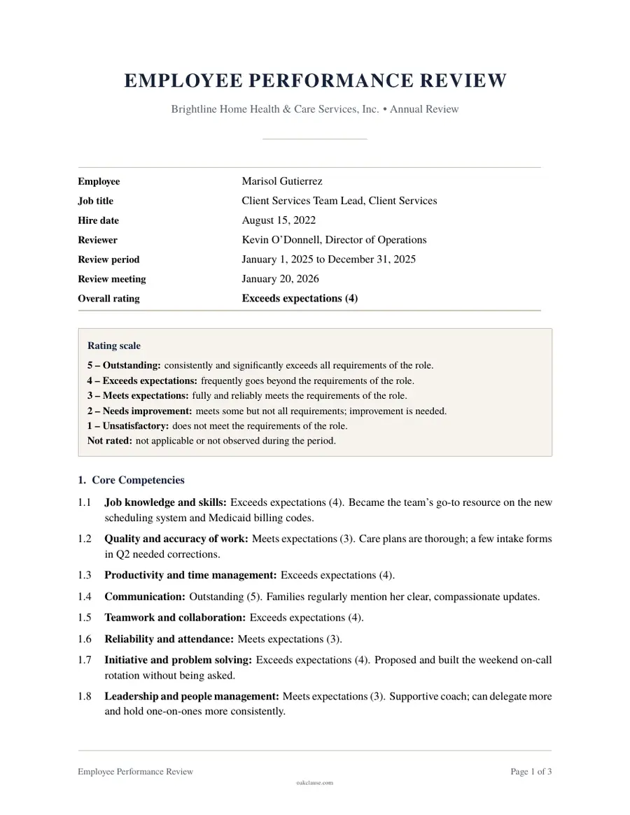 First page of a sample Employee Performance Review