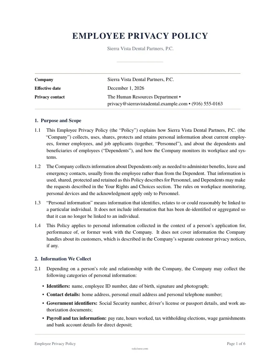 First page of a sample Employee Privacy Policy