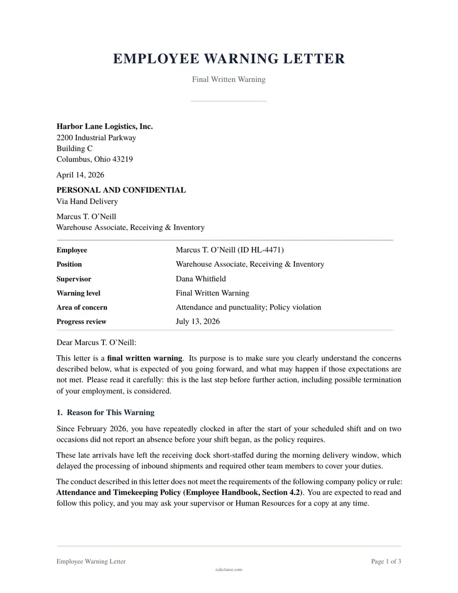 First page of a sample Employee Warning Letter