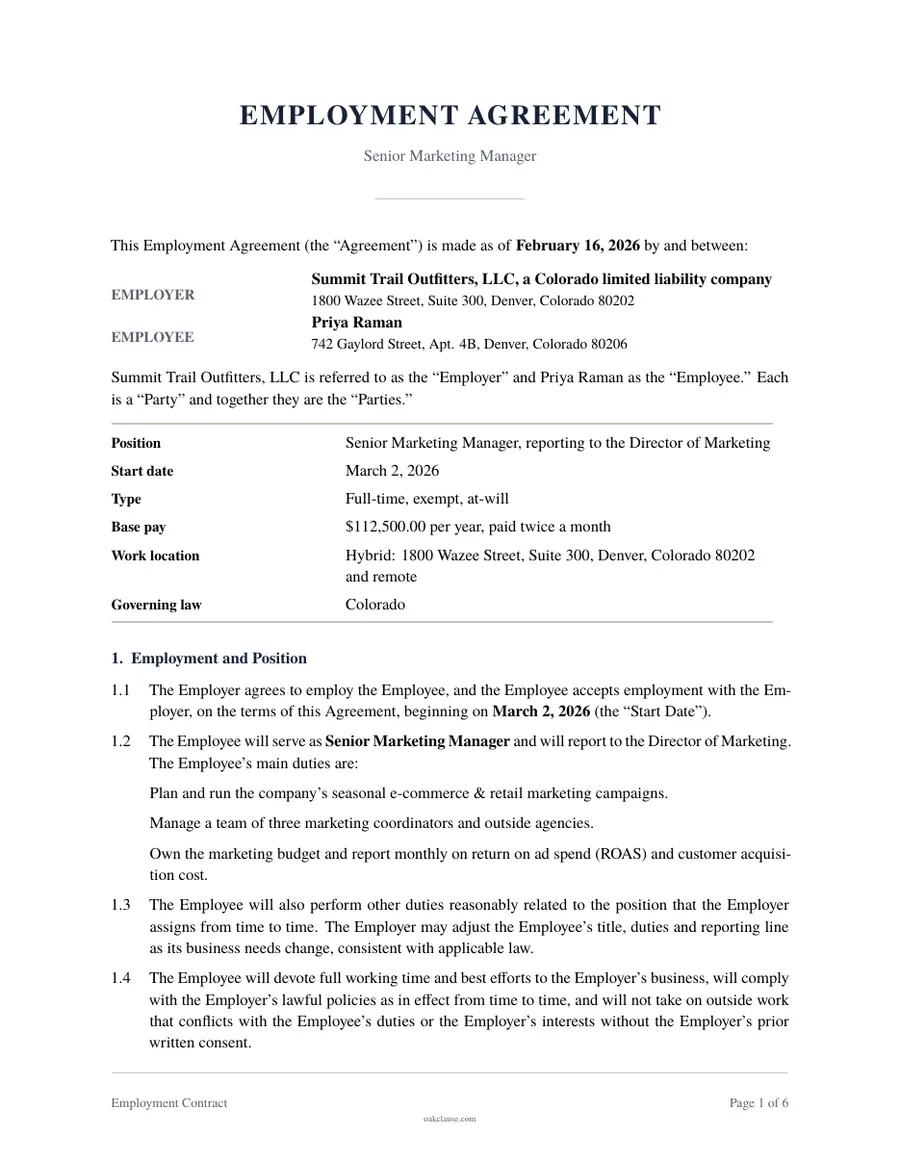 First page of a sample Employment Contract