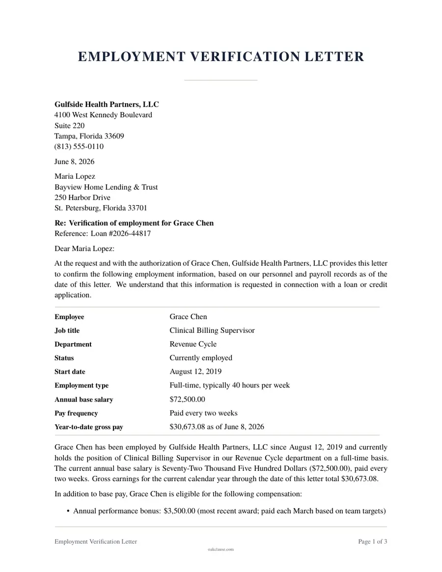 First page of a sample Employment Verification Letter
