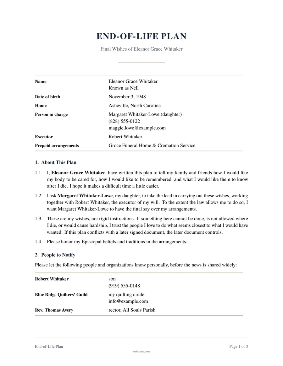 First page of a sample End-of-Life Plan