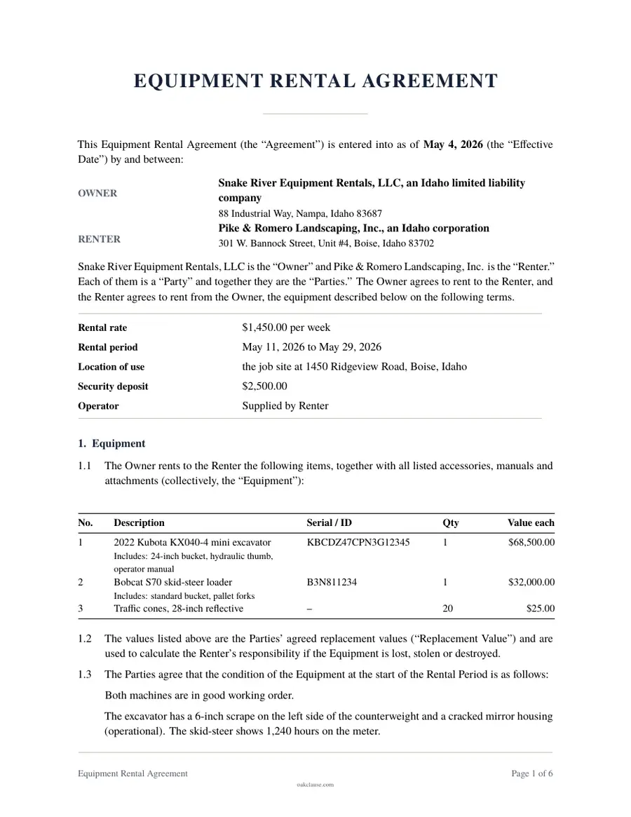 First page of a sample Equipment Rental Agreement