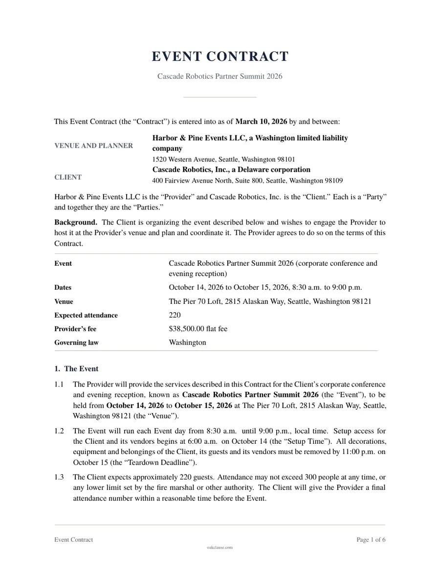 First page of a sample Event Contract