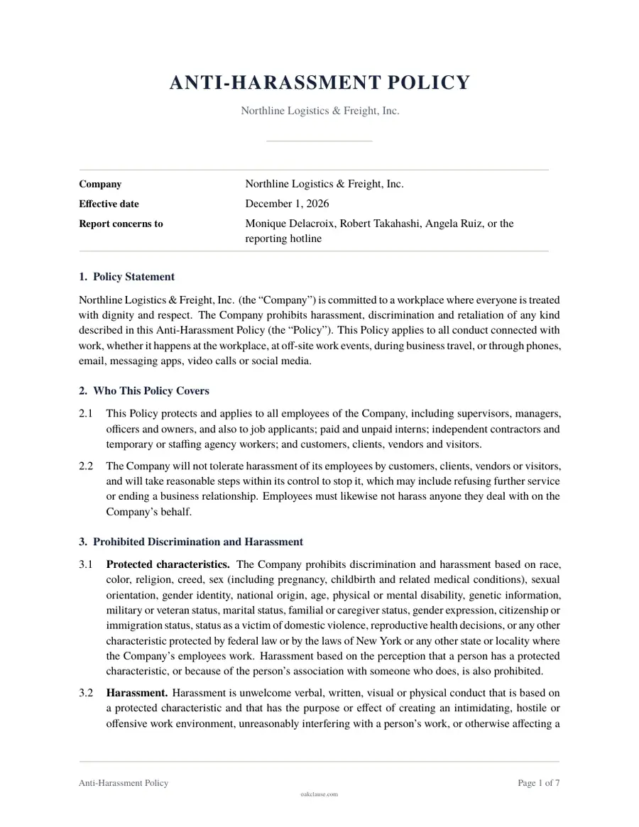 First page of a sample Anti-Harassment Policy