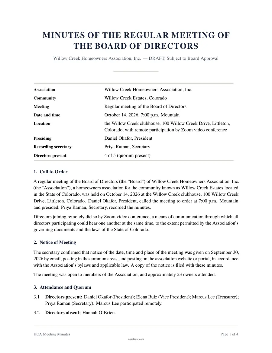 First page of a sample HOA Meeting Minutes