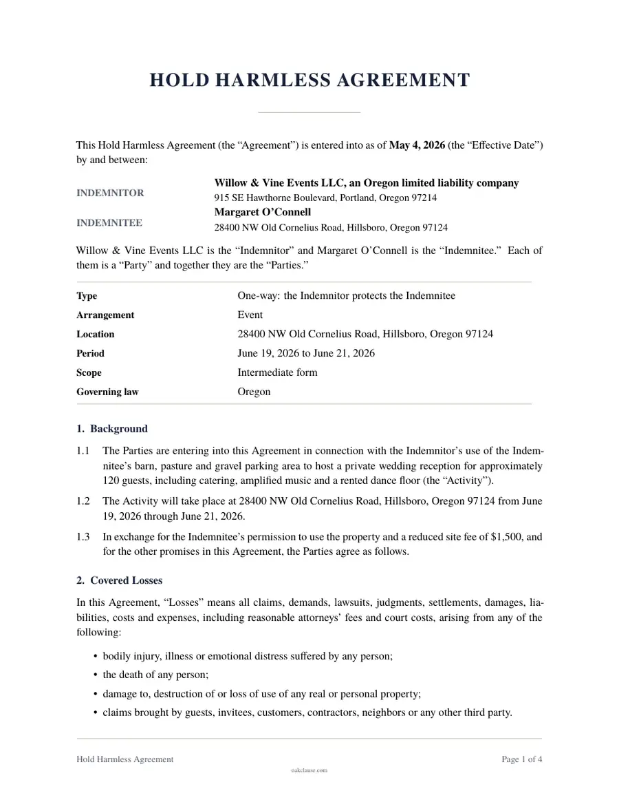 First page of a sample Hold Harmless Agreement