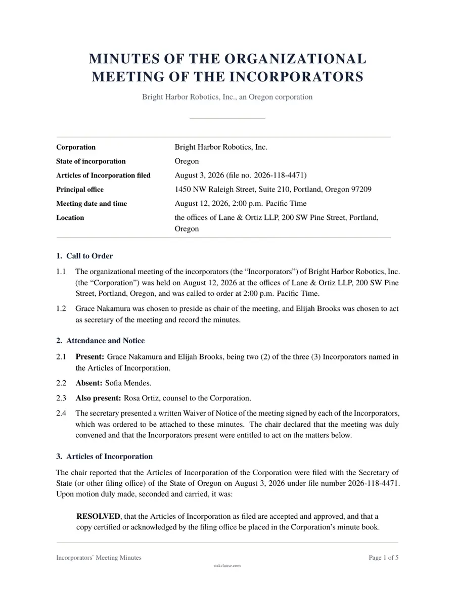 First page of a sample Incorporators' Meeting Minutes