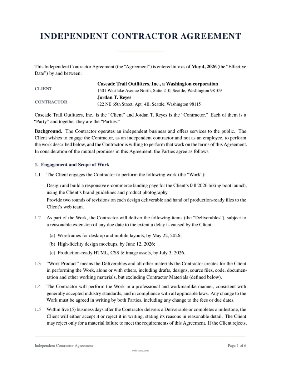 First page of a sample Independent Contractor Agreement