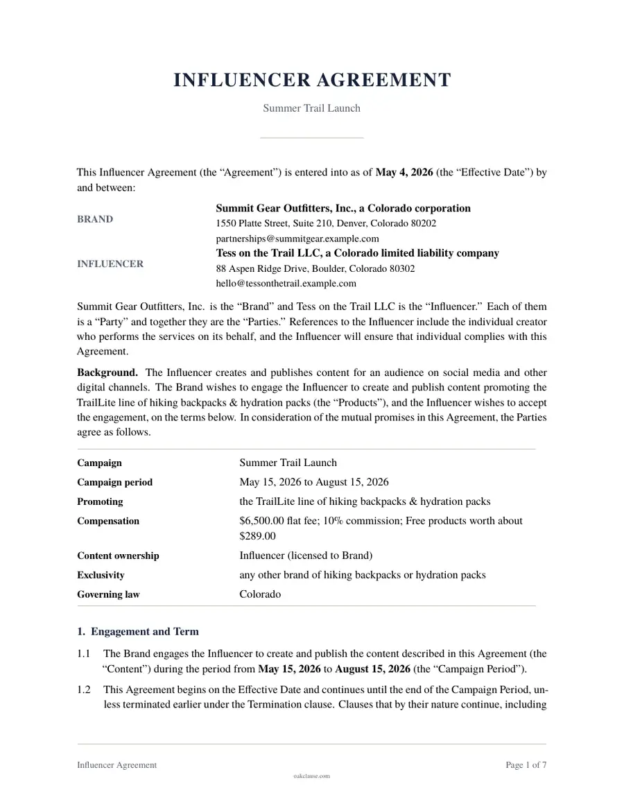 First page of a sample Influencer Agreement