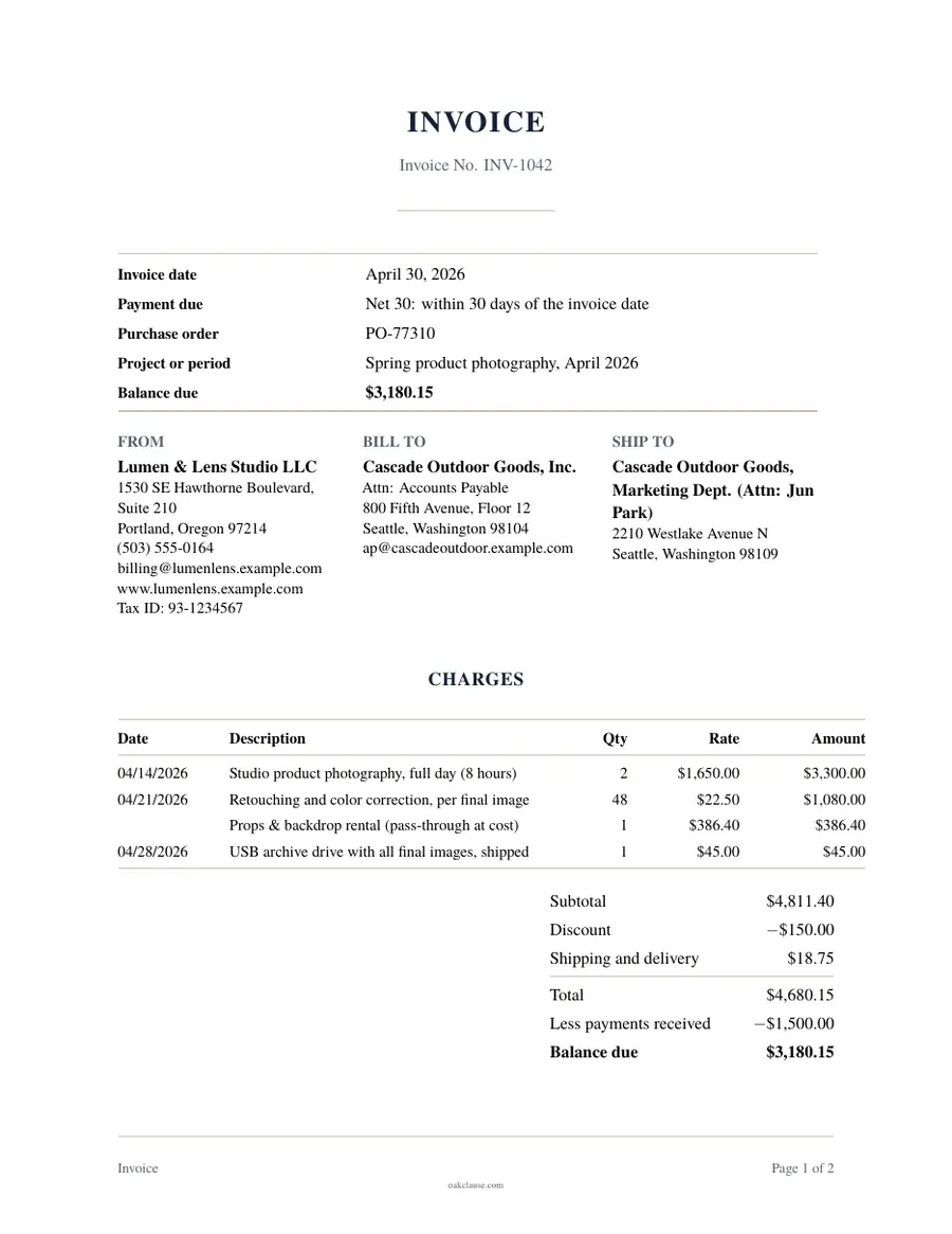 First page of a sample Invoice