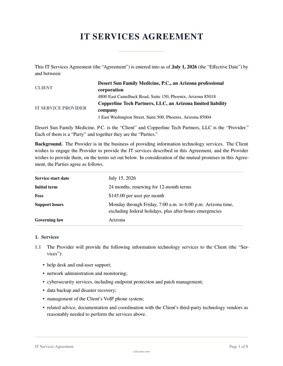 First page of a sample IT Services Agreement