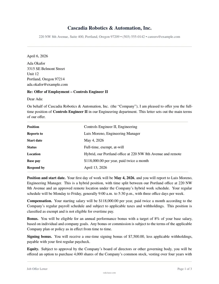First page of a sample Job Offer Letter