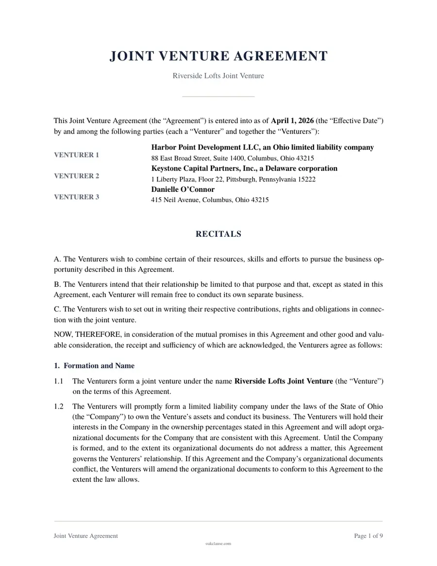 First page of a sample Joint Venture Agreement