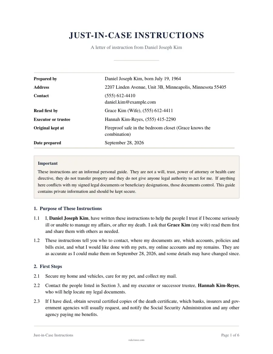 First page of a sample Just-in-Case Instructions