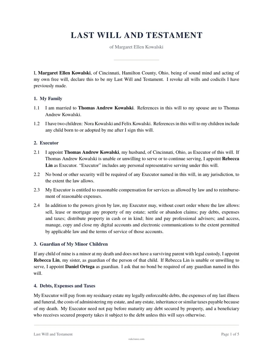 First page of a sample Last Will and Testament