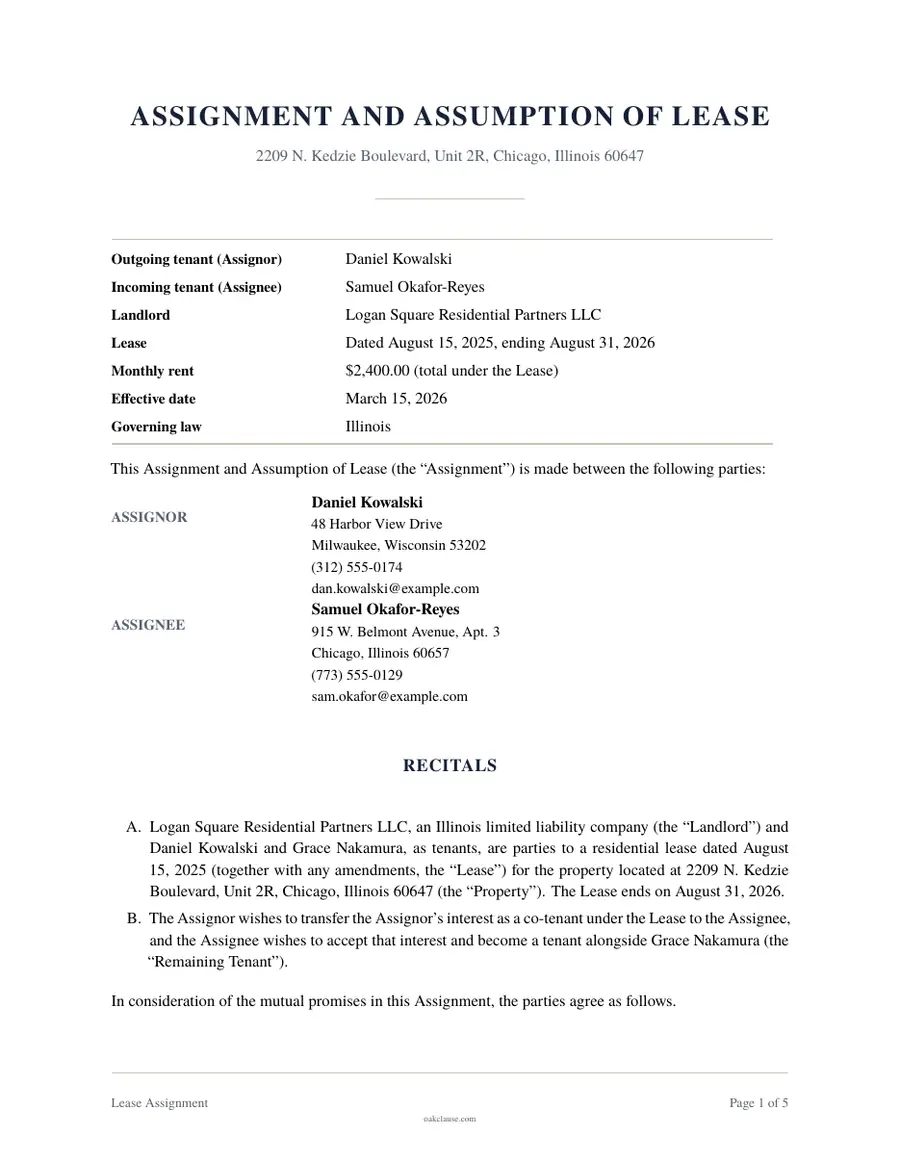 First page of a sample Lease Assignment