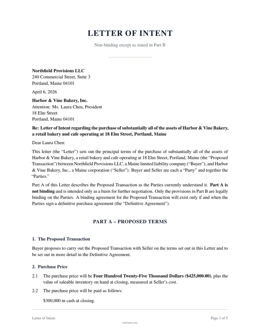 First page of a sample Letter of Intent