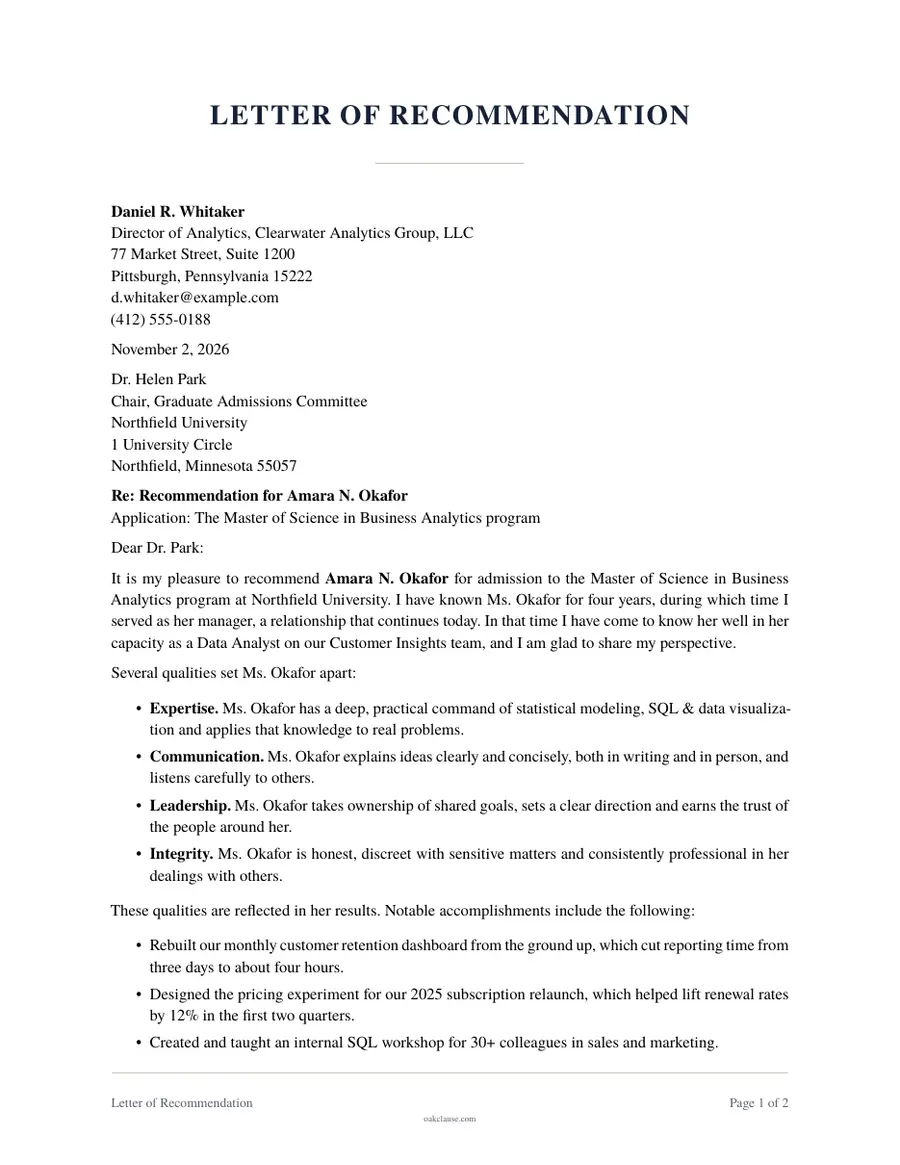 First page of a sample Letter of Recommendation