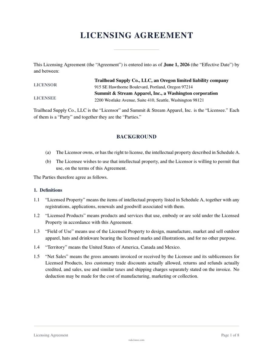 First page of a sample Licensing Agreement