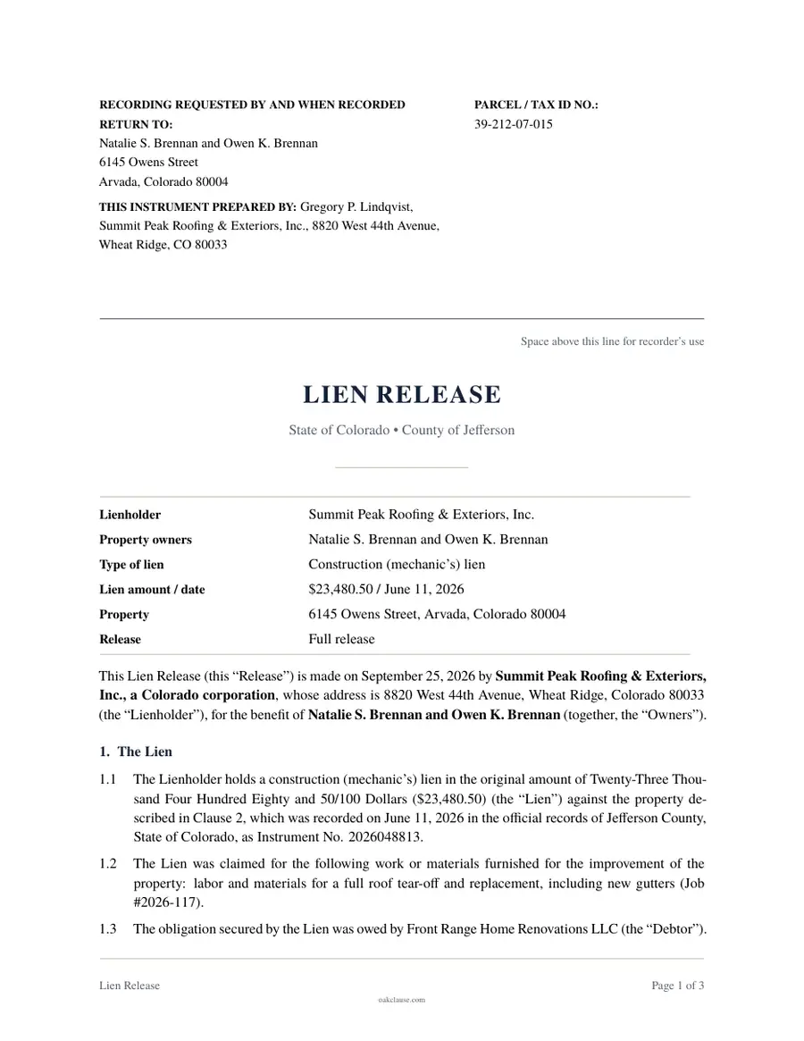 First page of a sample Lien Release