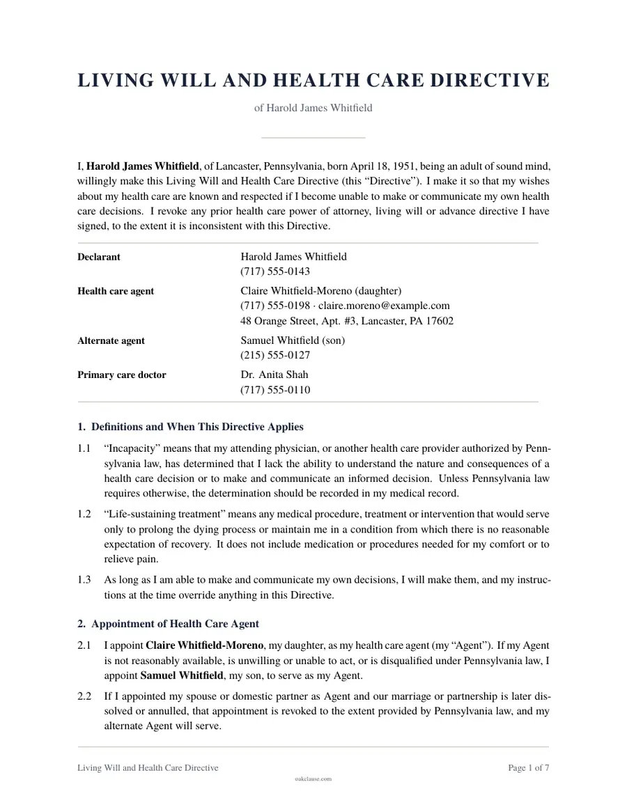 First page of a sample Living Will and Health Care Directive