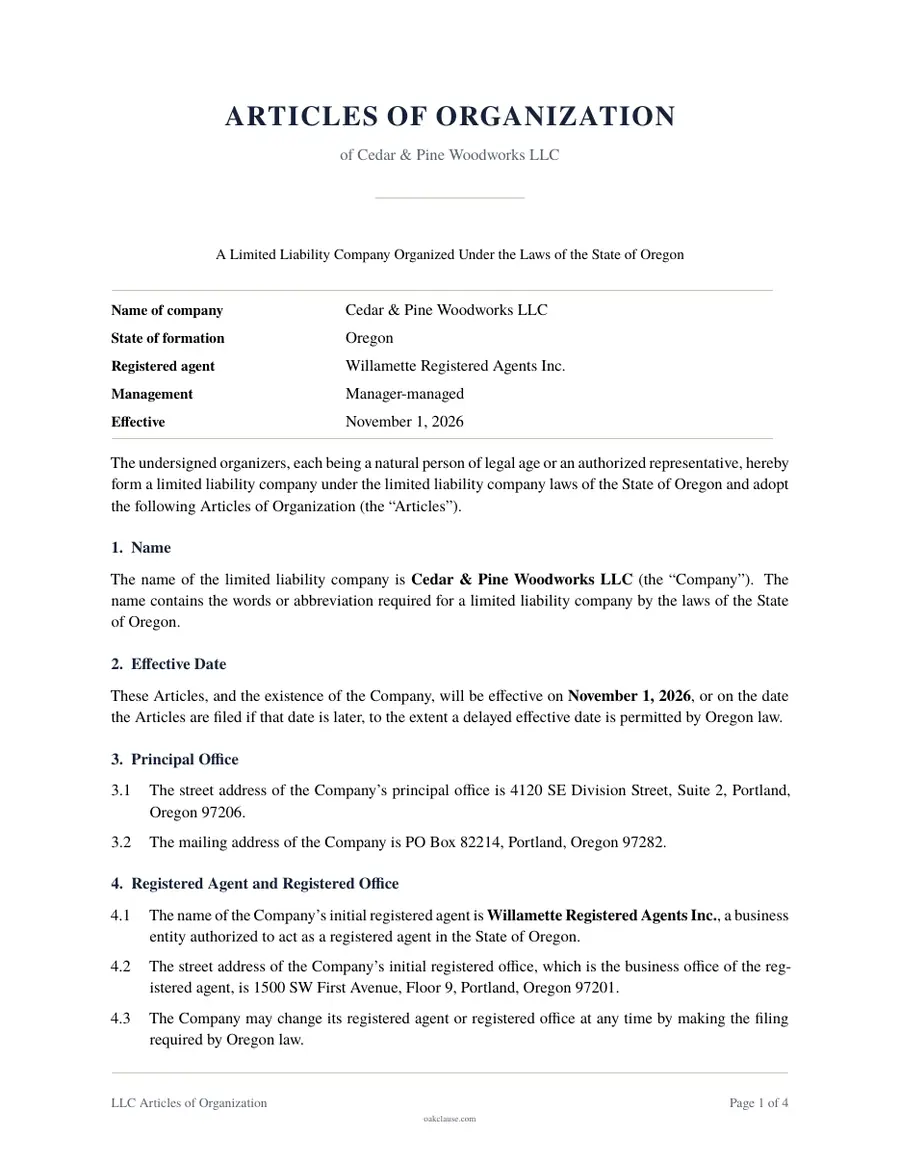 First page of a sample LLC Articles of Organization