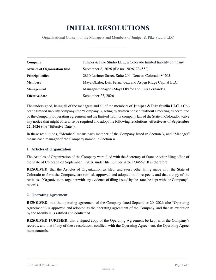 First page of a sample LLC Initial Resolutions
