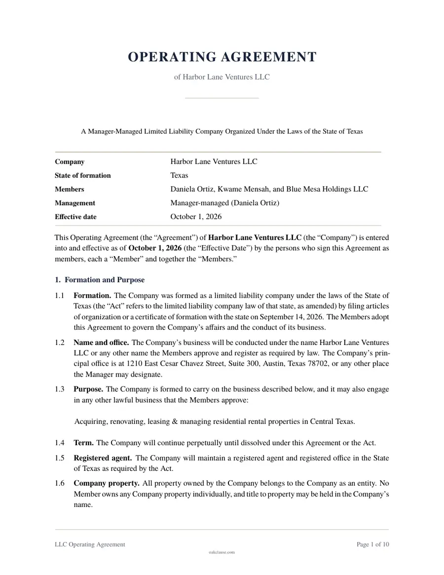 First page of a sample LLC Operating Agreement