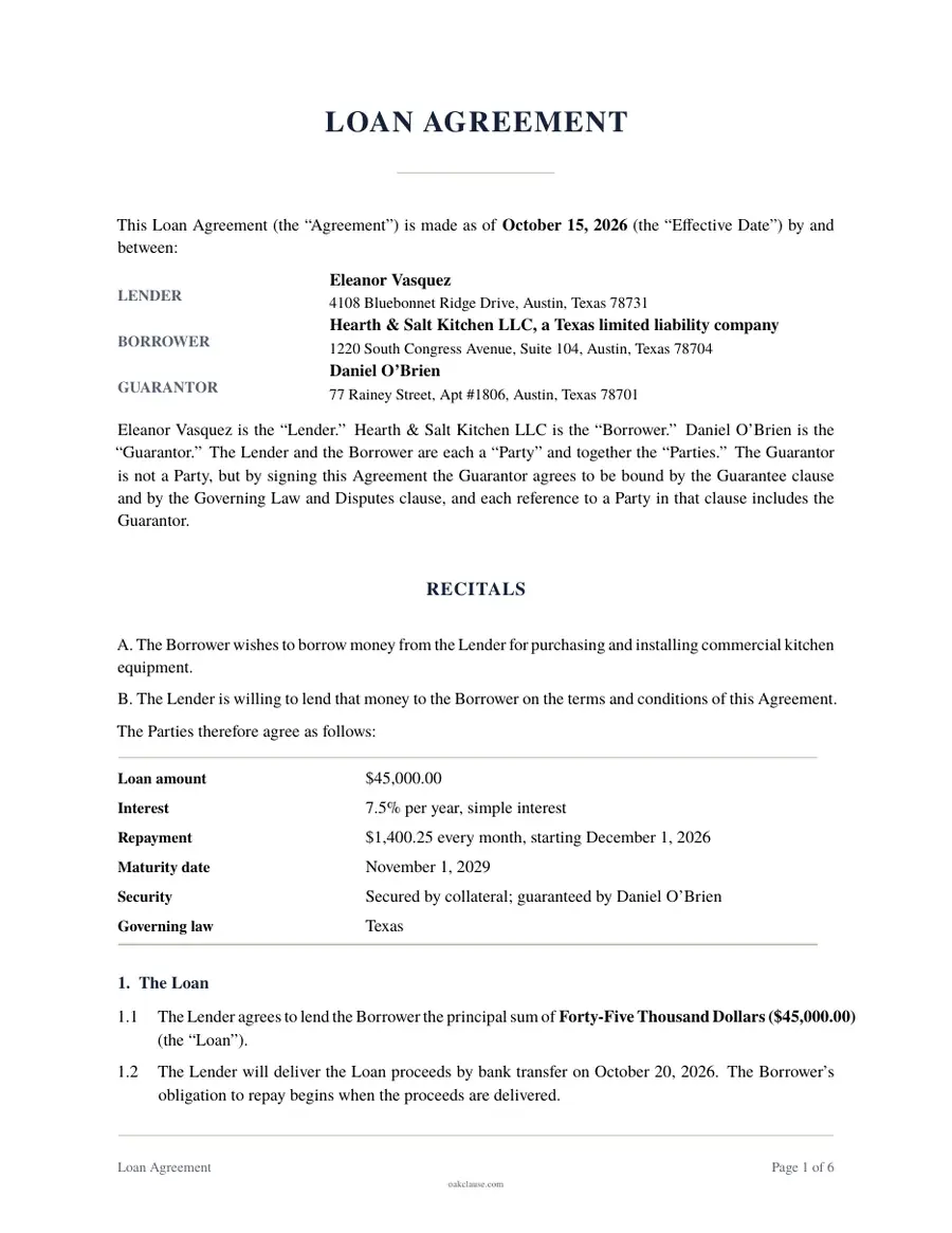 First page of a sample Loan Agreement