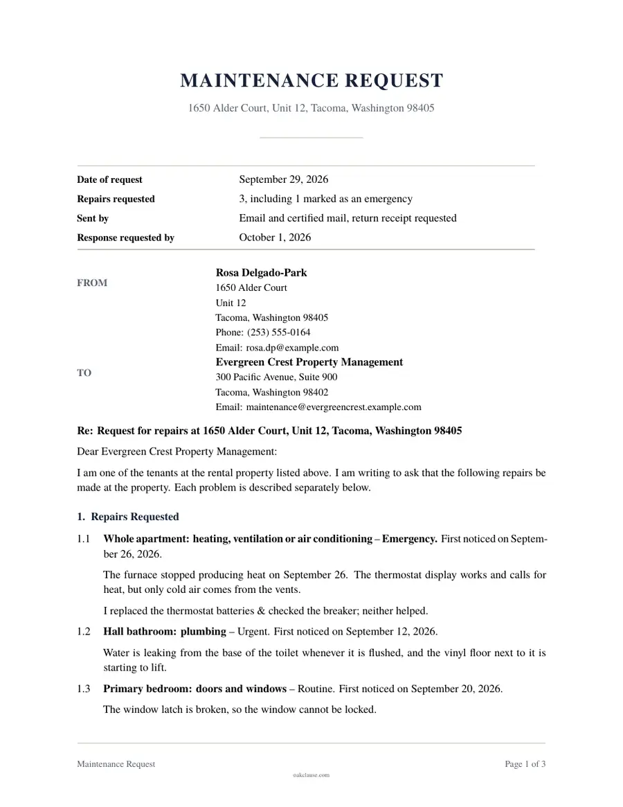 First page of a sample Maintenance Request