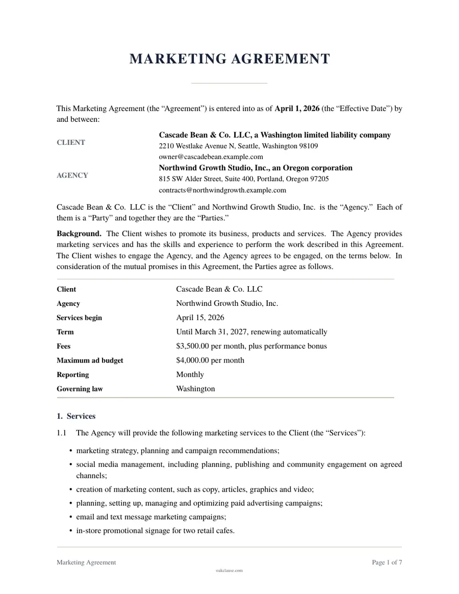 First page of a sample Marketing Agreement