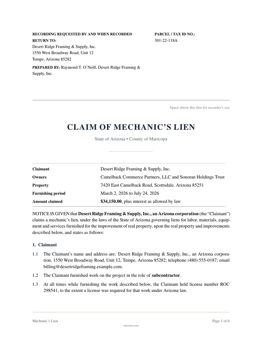 First page of a sample Mechanic's Lien
