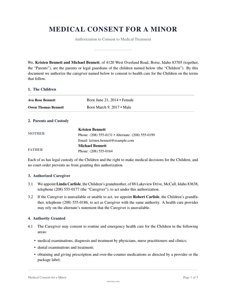 First page of a sample Medical Consent for a Minor