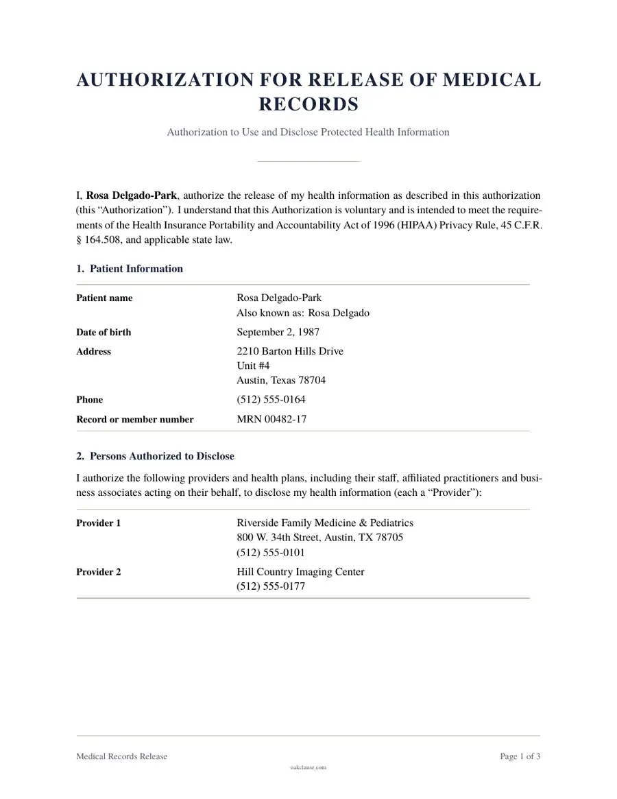 First page of a sample Medical Records Release