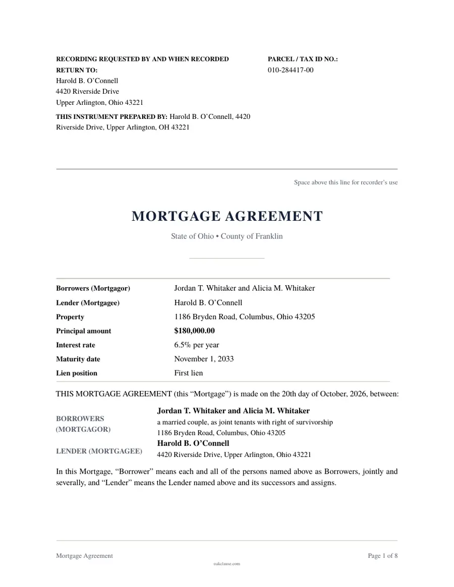 First page of a sample Mortgage Agreement