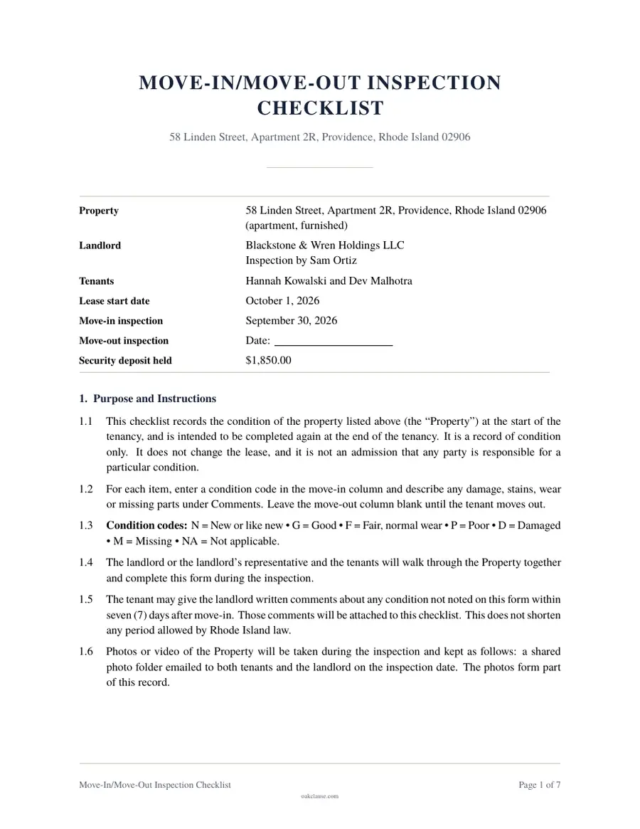 First page of a sample Move-In/Move-Out Inspection Checklist