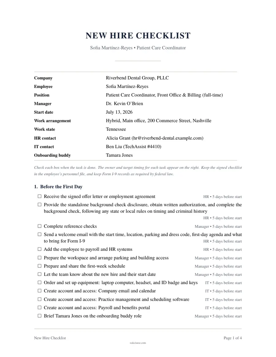 First page of a sample New Hire Checklist