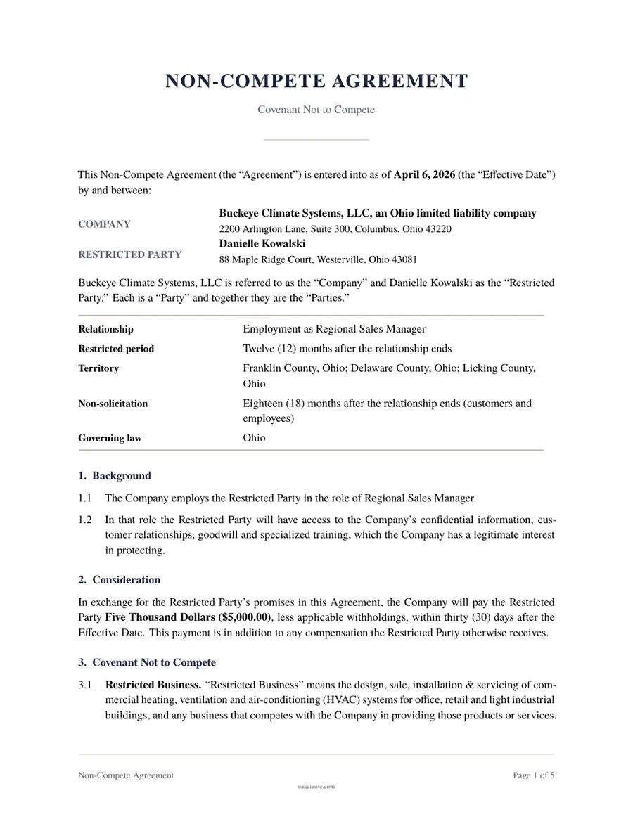 First page of a sample Non-Compete Agreement