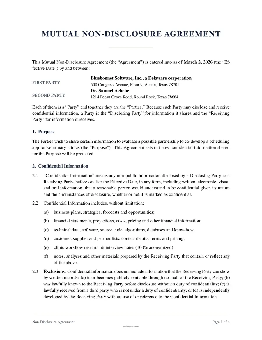 First page of a sample Non-Disclosure Agreement