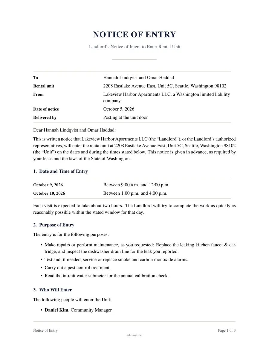 First page of a sample Notice of Entry
