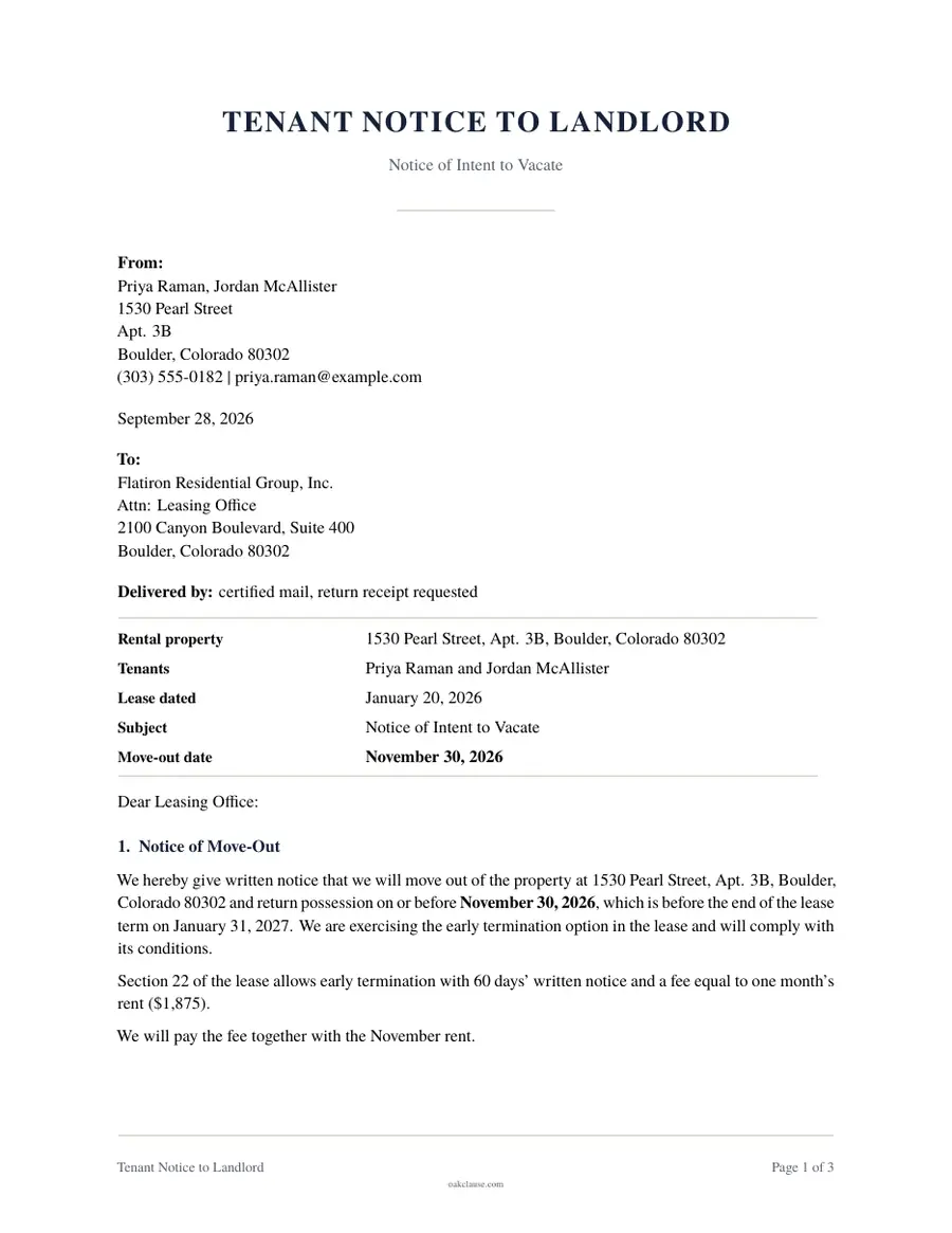 First page of a sample Tenant Notice to Landlord