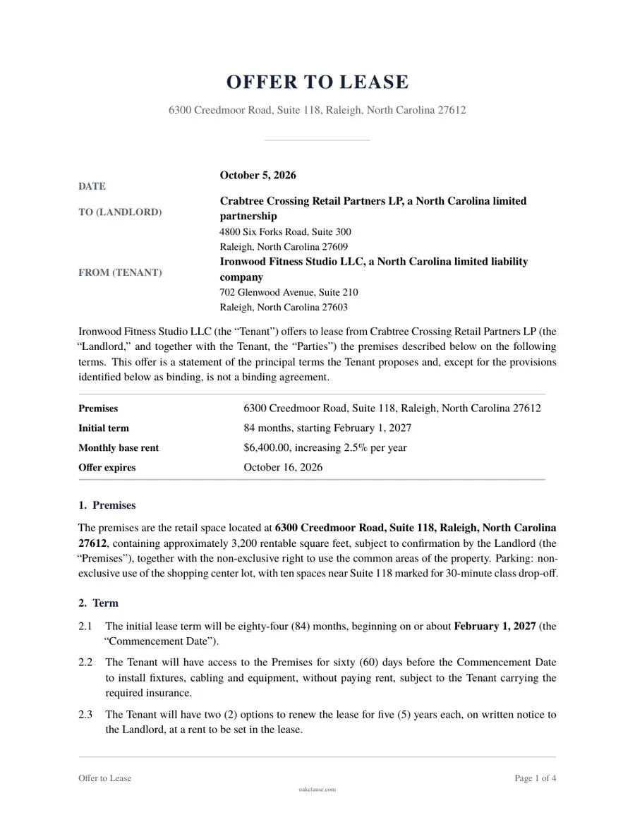 First page of a sample Offer to Lease