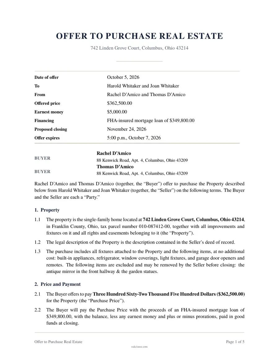 First page of a sample Offer to Purchase Real Estate