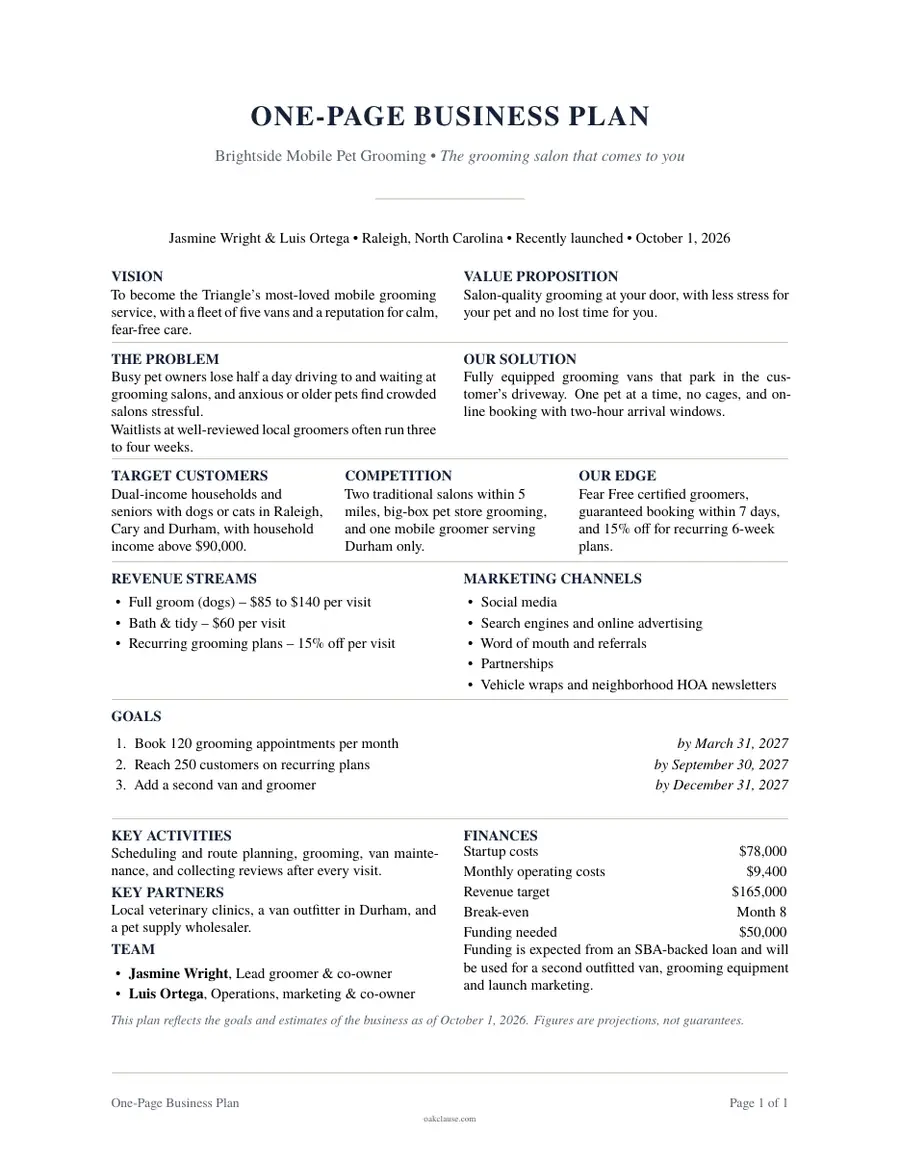First page of a sample One-Page Business Plan
